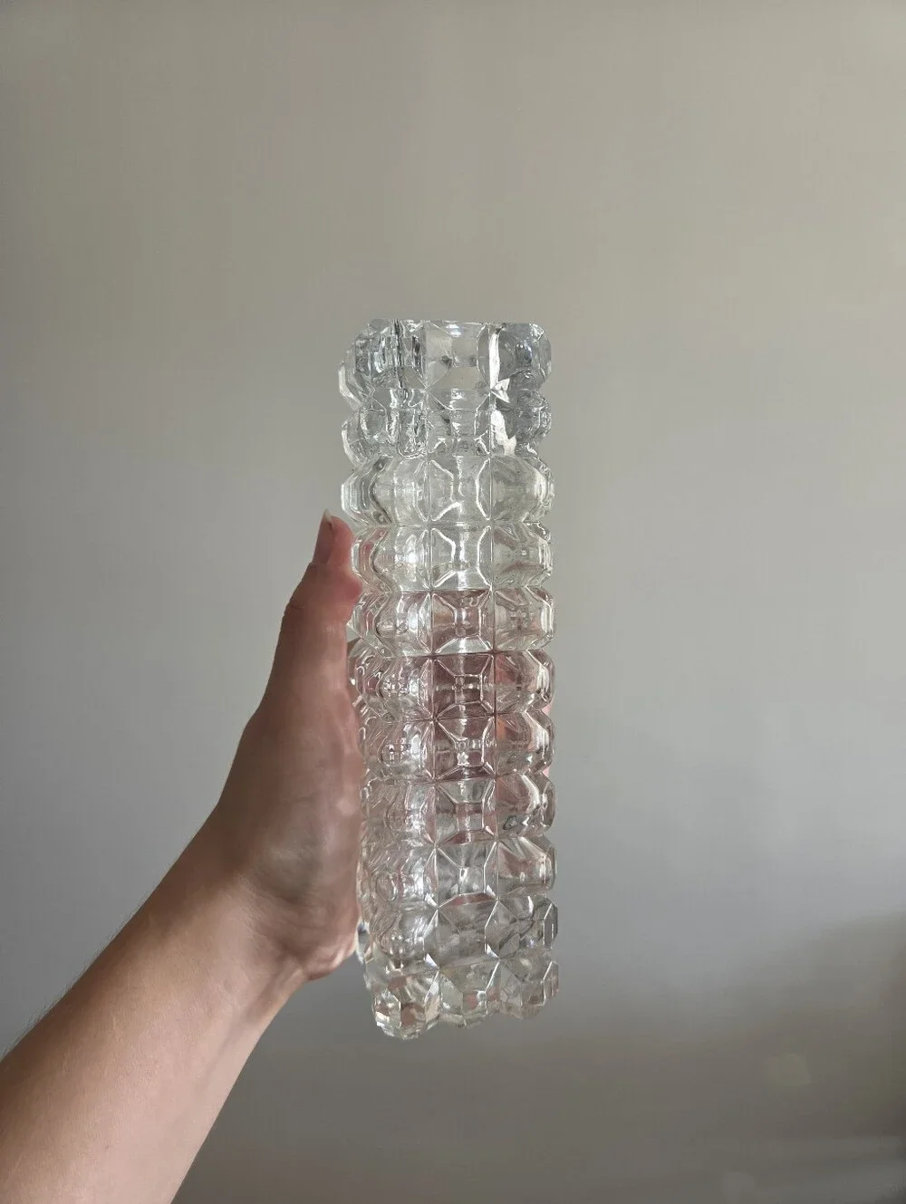 Vintage Hungarian Crystal Bud Vase 3D Checkered Pattern Heavy Clear Glass